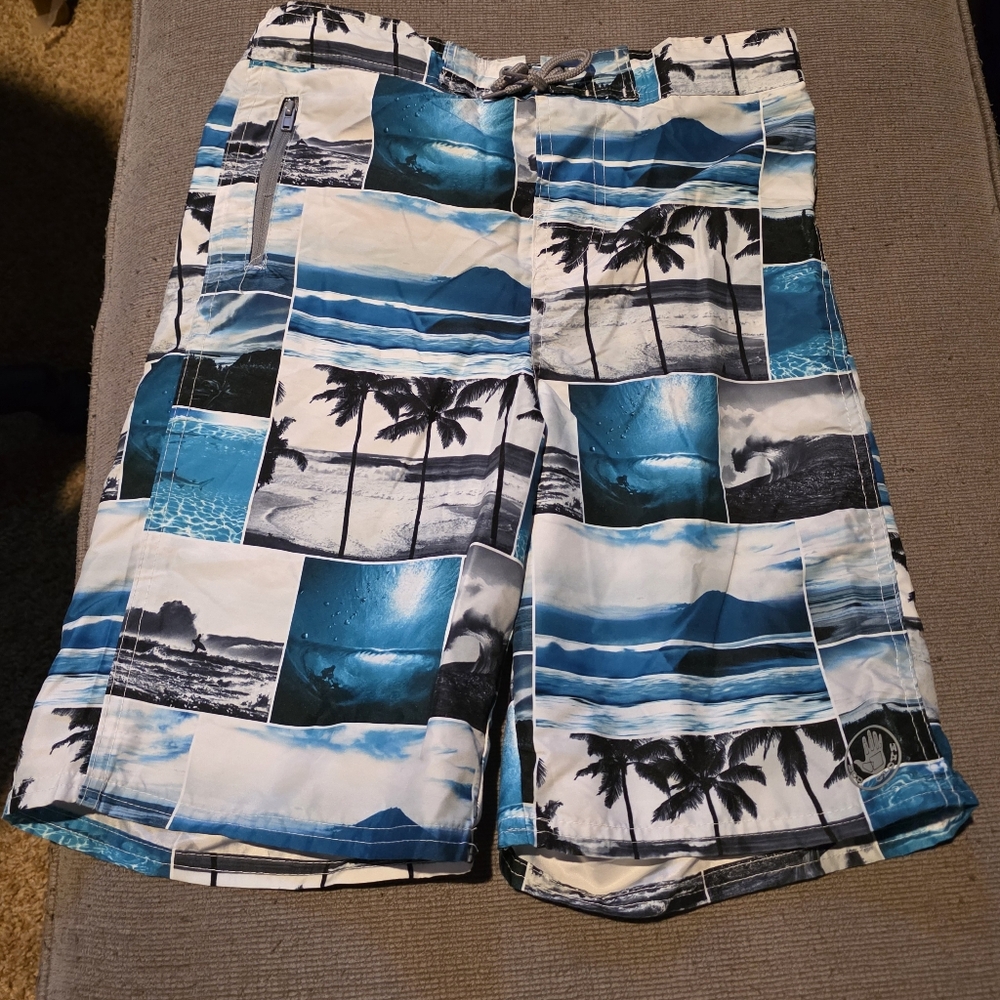 Body Glove Blue and White Swim Trunks with Artistic Pattern
